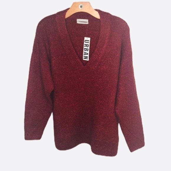 URBAN Outfitters V-neck Pullover Sweater Berry Burgandy Knit Soft Oversized SM - Picture 2 of 8